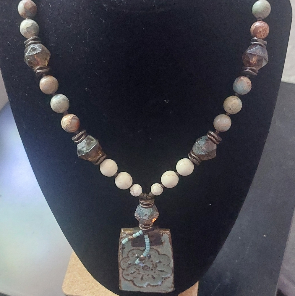 Knotted Gemstone Necklace. Ceramic Pendant Necklace Boho.